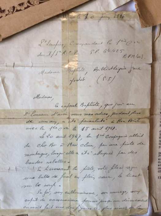 La lettre envoyée par le Ltn Laupies à la mère du Cal Baptiste